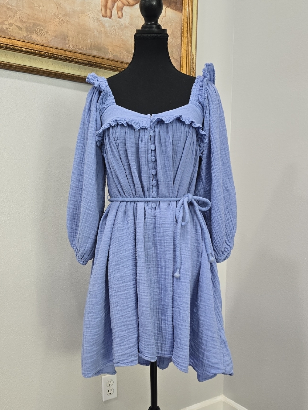 Apiece Apart Va Bene Ruffled Cotton-Crepon Dress in Blue, Size 2.